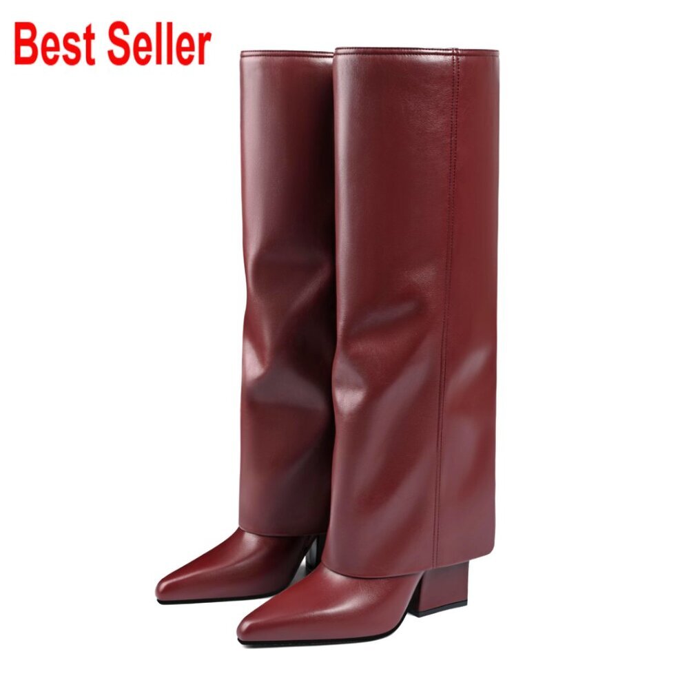 Faux Leather Knee High Boots Fold Over Pointed Toe Block Heel